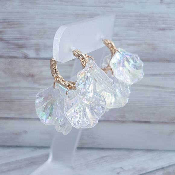 Vintage Stud Earrings Gold Tone Hoops with Statement Iridescent Dangles Large - Picture 1 of 4